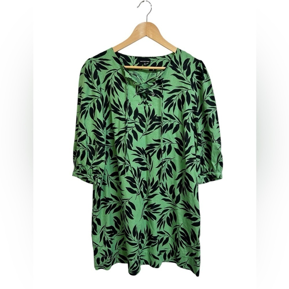 Who What Wear Linen Blend Green and Black Leaf Print Dress with Pockets M - Picture 10 of 10